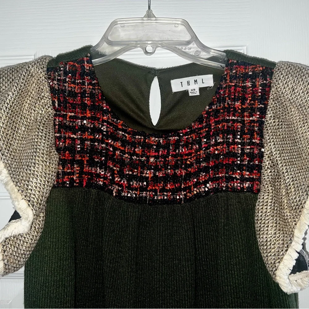 THML Dark Green Knit Sweater Dress with Red-Black Tweed Bodice - Picture 3 of 3